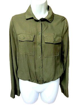 Vintage Y2K‎  Army Green Shirt Utility Womens Jrs XS Cinched Drawstring Hem